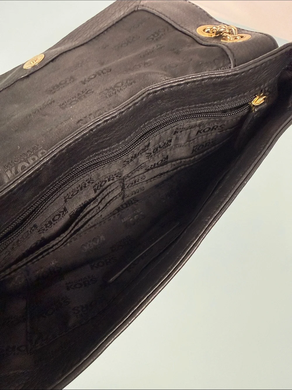 Michael Kors Black Leather Shoulder Bag with Gold MK Emblem